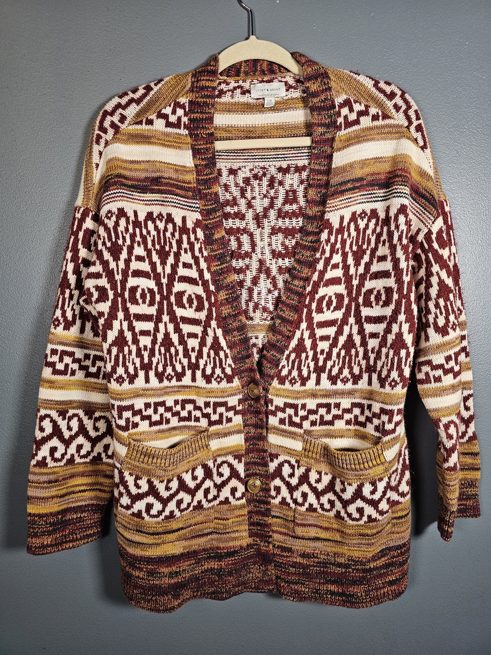 Lucky Brand Maroon, Cream & Mustard Patterned Button-Front Cardigan NWT Aztec